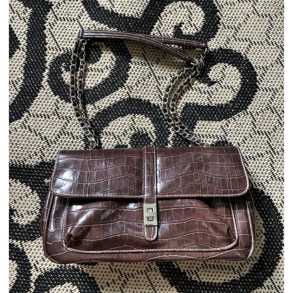 Y2K Brown Croc Embossed Small Shoulder Bag Chain Strap Buckle Zip Lined Pockets